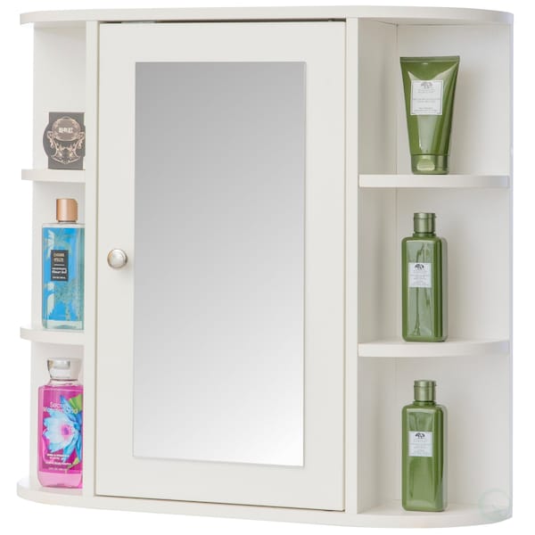 Basicwise White Wall Mounted Bathroom Storage Cabinet Organizer, Mirrored Vanity Medicine Chest w/Open Shelves QI003745 - main